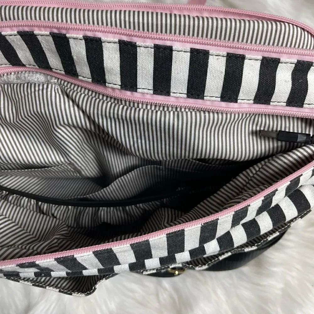 Lovevook laptop  shoulder bag Black & white stripes canvas,pink faux leather